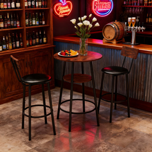 3 Pieces Round Bar Table and Chairs Set, Small Dining Table for 2 with 2-Tier Storage & 2 PU Upholstered Bar Stools for Kitchen, Dining Room, Living Room, Bar, Cafe, Small Space Corner, Rustic Brown
