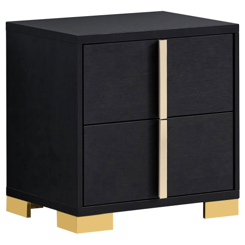 Black 2-Drawer Nightstand with Gold Accents, Modern Art Deco Bedside Table
