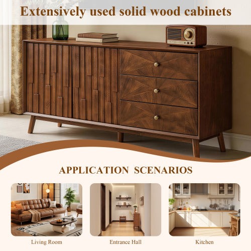 56 Inch Walnut Brown Mid Century TV Stand Sideboard with 3 Drawers & Double Door Storage Cabinet