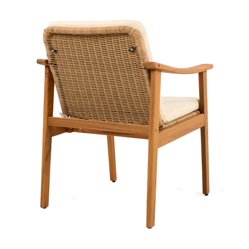 Outdoor Dining Chairs Set of 2, Teak Color Acacia Wood Frame, Brown PE Wicker, Beige Waterproof Cushion, Ideal for Patios, Gardens