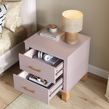 Pink Fluted Nightstand, 2-Drawer Bedside Table with Metal Handles & Solid Wood Legs