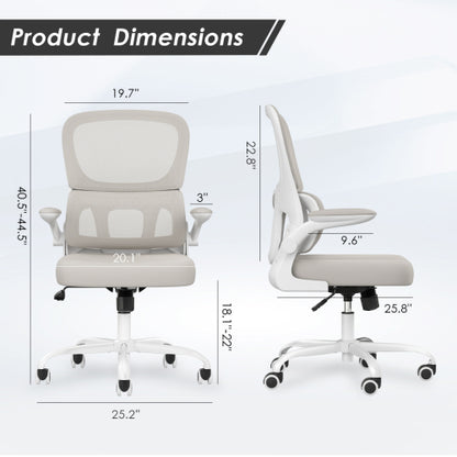 Office Chair, Mesh Ergonomic Office Chair with Lumbar Support, Comfy Computer Desk Chair with Flip Armrest Rolling Wheels for Home Study Room Office, White & Khaki