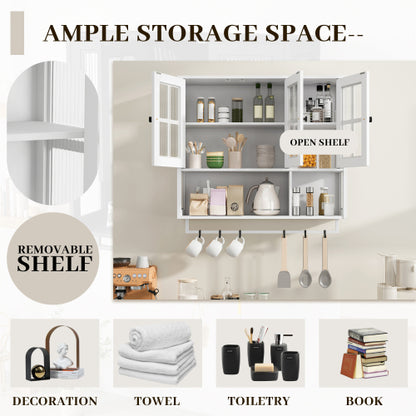 Bathroom Wall Cabinet, 3-Door Wooden Wall Cabinet with Open and Hidden Storage Space, Medicine Cabinet with Glass Door and Towel Bar for Entryway Living Room Bathroom Dining Room,White