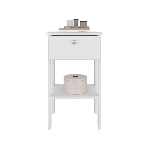 White Modern Nightstand with 1 Drawer & Open Shelf, Compact Bedside End Table