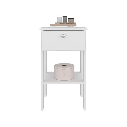 White Modern Nightstand with 1 Drawer & Open Shelf, Compact Bedside End Table