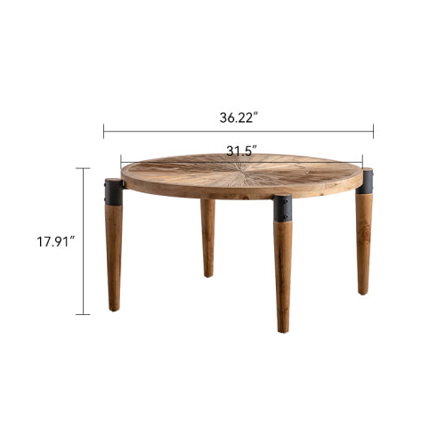 36.22inch  Round Radial Grain Coffee Table, Solid Wood & MDF with Black Metal Accent Legs