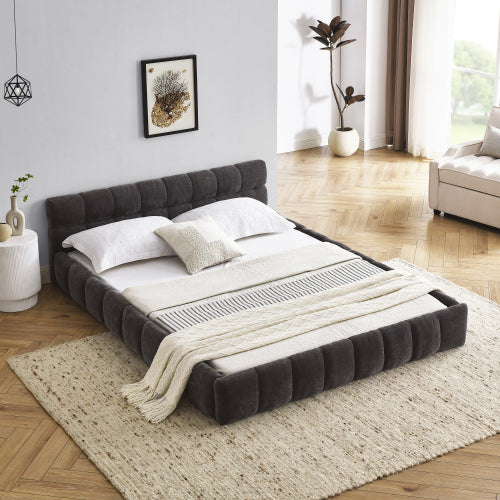 Queen Size Upholstered Bed Frame with Thick Fabric, Chenille Fabric Grounded Queen Size Platform Bed with Headboard and Solid Frame. No Box Spring Needed, Dark Grey(68inch *86.5inch *23.5inch )