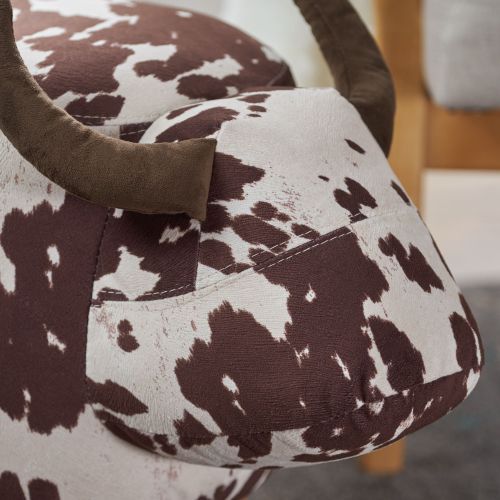 Brown & White Cow Shaped Animal Ottoman, Fabric Accent Footstool with Velvet Horns and Birch Wood Legs for Home Decor