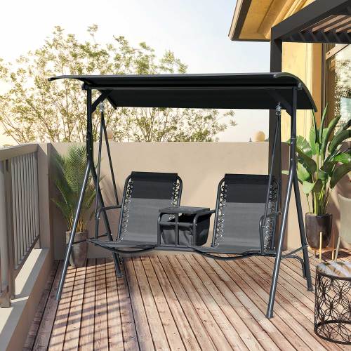 Outsunny 2-Seat Patio Swing Chair, Outdoor Canopy Swing Glider with Pivot Storage Table, Cup Holder, Adjustable Shade, Bungie Seat Suspension and Weather Resistant Steel Frame, Black