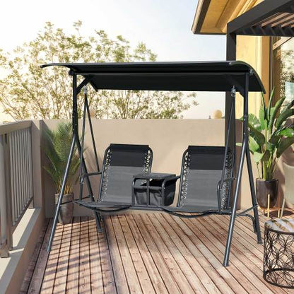 Outsunny 2-Seat Patio Swing Chair, Outdoor Canopy Swing Glider with Pivot Storage Table, Cup Holder, Adjustable Shade, Bungie Seat Suspension and Weather Resistant Steel Frame, Black