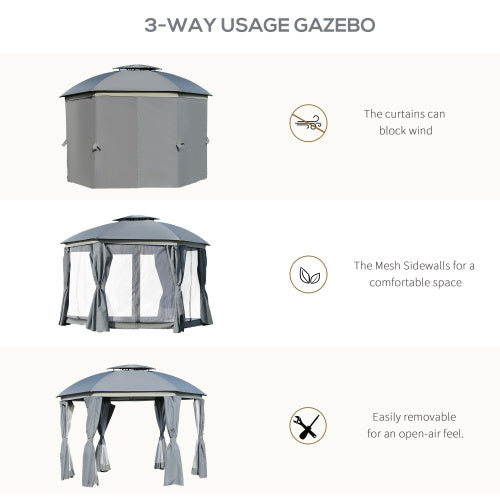 Outsunny 12' x 12' Round Outdoor Gazebo, Patio Dome Gazebo Canopy Shelter with Double Roof, Netting Sidewalls and Curtains, Zippered Doors, Strong Steel Frame, Grey