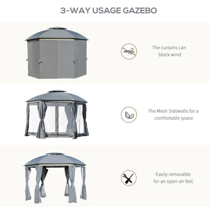 Outsunny 12' x 12' Round Outdoor Gazebo, Patio Dome Gazebo Canopy Shelter with Double Roof, Netting Sidewalls and Curtains, Zippered Doors, Strong Steel Frame, Grey