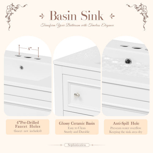 36" Bathroom Vanity Cabinet with Sink Combo Set, Undermount Ceramic Sink, Free Standing Vanity Set with 4 Drawers, Solid Wood Frame Bathroom Cabinet, White