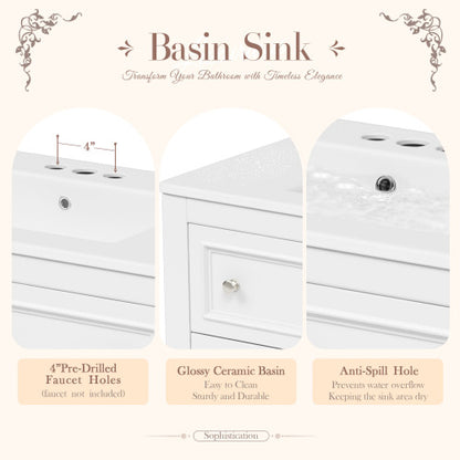 36" Bathroom Vanity Cabinet with Sink Combo Set, Undermount Ceramic Sink, Free Standing Vanity Set with 4 Drawers, Solid Wood Frame Bathroom Cabinet, White