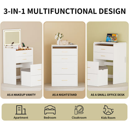3 in 1 Vanity Desk with open Top Mirror,Make Up Vanity Set with Visible Glass Desktop,Compact Makeup Vanity with 3 Drawers and stool,Dressing Table for Bedroom