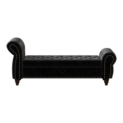 64.5inch  Bed Bench for Bed Room Nails Tufted Chaise of Lounge with Storage Velvet Upholstery Black