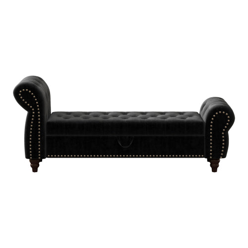 64.5inch  Bed Bench for Bed Room Nails Tufted Chaise of Lounge with Storage Velvet Upholstery Black