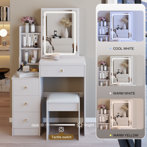 29.2inch  Small Size Left Bedside Cabinet LED Mirror Vanity Table + Cushioned Stool, Large Sliding, Touch Control, 3-color Switch, Brightness Adjust Mirror, High Capacity Storage, EPA, GCC, UL Certificate