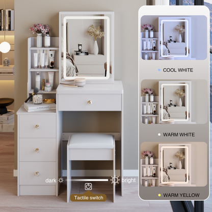 29.2inch  Small Size Left Bedside Cabinet LED Mirror Vanity Table + Cushioned Stool, Large Sliding, Touch Control, 3-color Switch, Brightness Adjust Mirror, High Capacity Storage, EPA, GCC, UL Certificate
