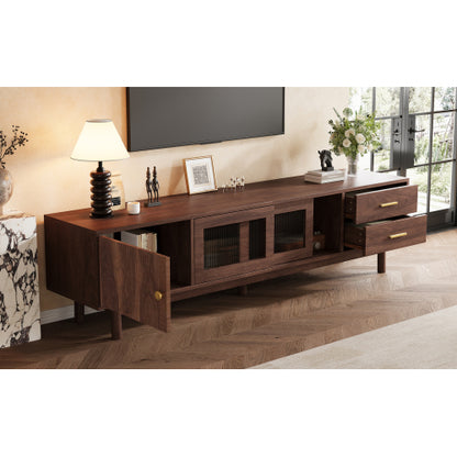 70.86 inch Dark Brown Mid Century Wave Glass Sliding Door TV Stand Pine Leg Console For 80 inch TV