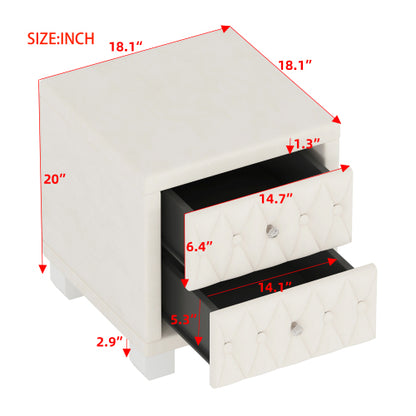 Elegant Velvet Nightstand with 2 Drawers and Crystal Handle, Storage Bedside Table with Button-Tufted, Beige