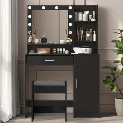 Black Vanity Desk with Mirror & Light, 12 LED Bulbs, Large Drawer, 3 Shelves & 3-Level Cabinets, 3 Lighting Modes