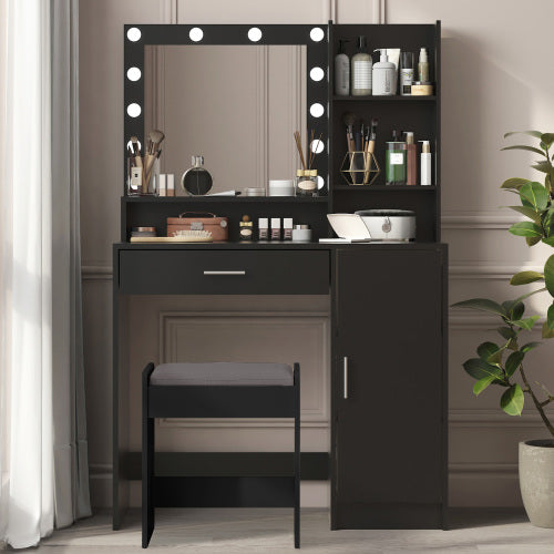 Black Vanity Desk with Mirror & Light, 12 LED Bulbs, Large Drawer, 3 Shelves & 3-Level Cabinets, 3 Lighting Modes