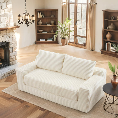 Beige Memory-Foam Convertible Compression Loveseat Sofa-Bed Corduroy No-Assembly Couch for Small Apartment