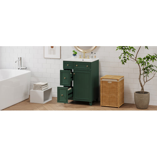 24" Forest Green Bathroom Vanity Cabinet with Ceramic Sink, 2 Drawers, 1 Soft-Close Door