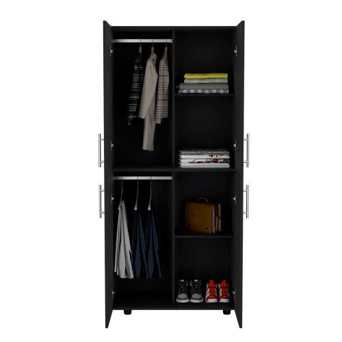 70" High Four-Door Armoire Wardrove Closet Cabinet, Six Shelves and Two Hanging Rods, Bedroom Clothes Storage Cabinet Organizer Black