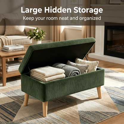 32 inch Olive Green Corduroy Flip-Top Storage Ottoman Bench, Wooden Leg Upholstered End of Bed & Entryway Stool