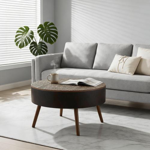31.5 Inch Round Carved Coffee Table, Brown & Black