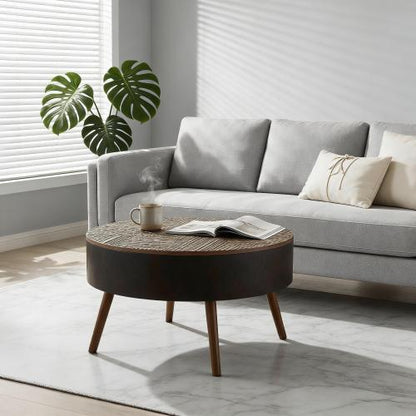 31.5 Inch Round Carved Coffee Table, Brown & Black