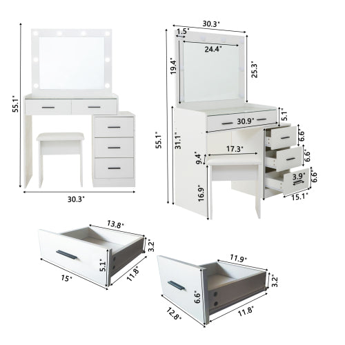 White Adjustable Vanity Desk with 5 Drawers, LED Mirror, 3 Lighting Modes & Matching Stool