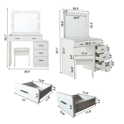 White Adjustable Vanity Desk with 5 Drawers, LED Mirror, 3 Lighting Modes & Matching Stool