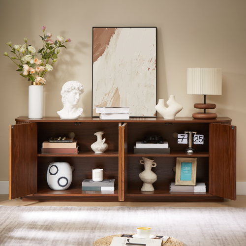Walnut Wave Pattern Sideboard TV Stand 64 Inch Wide Storage Cabinet with Push to Open Doors