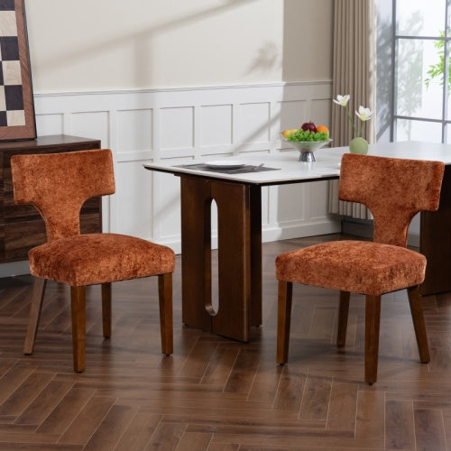 Set of 2 Mid-Century Chenille Fabric Dining Chairs, Orange Farmhouse Chairs with Hardwood & Rubberwood Frame