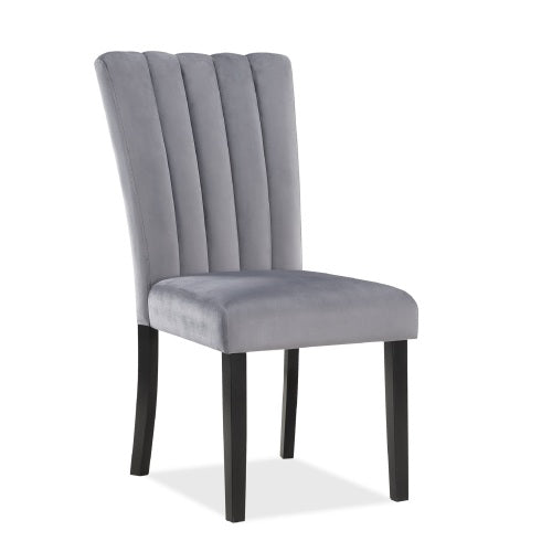 Set of 2 Gray Black Velvet Dining Side Chairs, Channel Tufted Back, Wooden Frame Upholstered Dining Room Chairs