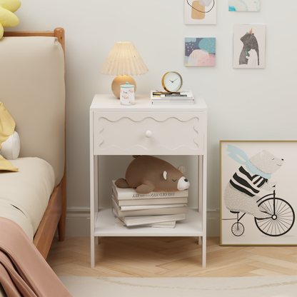 White Nightstand with Drawer and Open Shelf, Modern Wave Pattern Bedside Table, Solid Wood Frame End Table for Bedroom, Living Room, Small Spaces