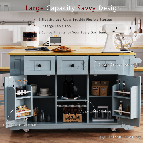 53inch Large Kitchen Island with 2 Bar Stools,Power Outlet,Door Internal Storage Rack,Kitchen Storage Cart on 5 Wheels with Drop Leaf,5 Open Side Racks,3 Drawers,Grey Blue (Three Packages)