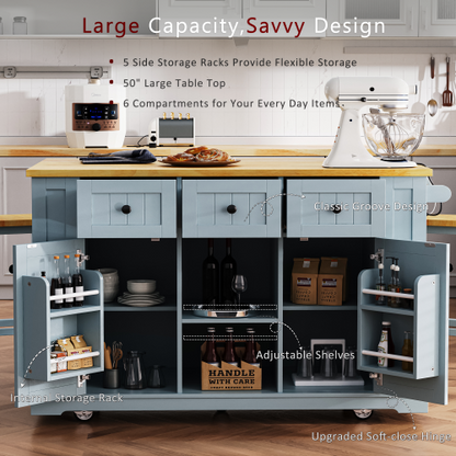 53inch Large Kitchen Island with 2 Bar Stools,Power Outlet,Door Internal Storage Rack,Kitchen Storage Cart on 5 Wheels with Drop Leaf,5 Open Side Racks,3 Drawers,Grey Blue (Three Packages)