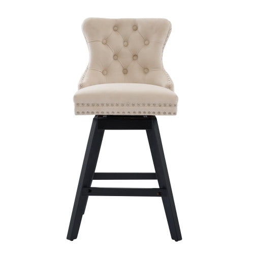Swivel Velvet Barstools with Button Tufted Decoration and Wooden Legs, and Chrome Nailhead Trim, Leisure Style Bar Chairs,Bar stools, Set of 2 (Beige)