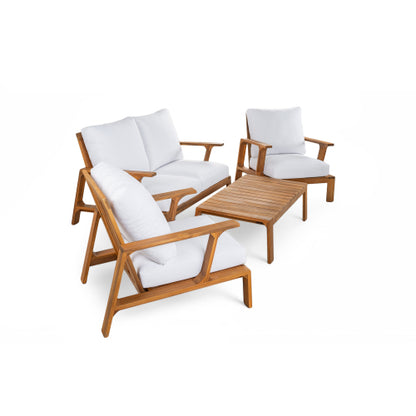4 Pieces Outdoor Sofa Set 4-person Patio Seating Group Outdoor Conversation Set with Cushions and a Coffee Table for Patios, Gardens, or Balcony, Teak Finish +White Cushion