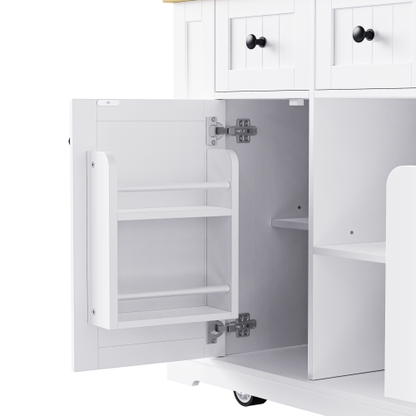 53inch Large Kitchen Island with 2 Bar Stools, Power Outlet,Door Internal Storage Rack, Kitchen Storage Cart on 5 Wheels with Drop Leaf, 5 Open Side Racks, 3 Drawers,White(Three Packages)