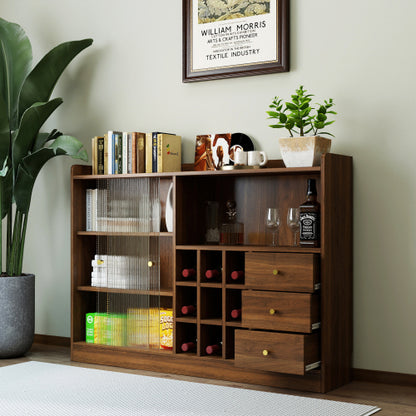 Double Sliding Striped Glass Door Sideboard Wooden Freestanding Storage Cabinet Wine Cabinet For Home Garage Use