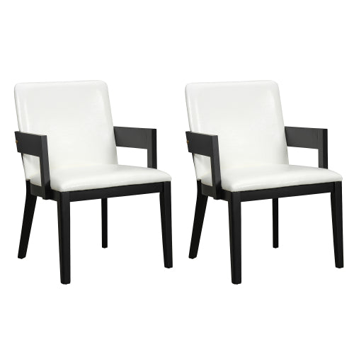 Set of 2 Modern Dining Chairs, Black Hardwood Frame with White Glossy PU Leather Upholstery