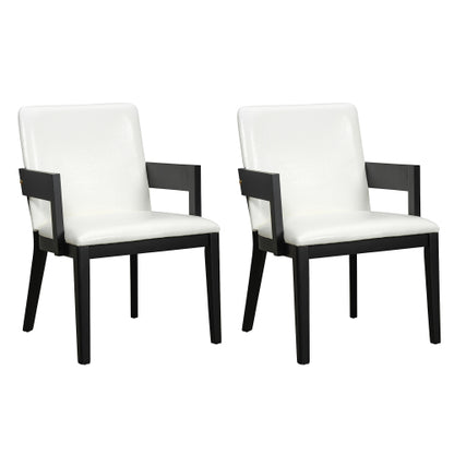Set of 2 Modern Dining Chairs, Black Hardwood Frame with White Glossy PU Leather Upholstery