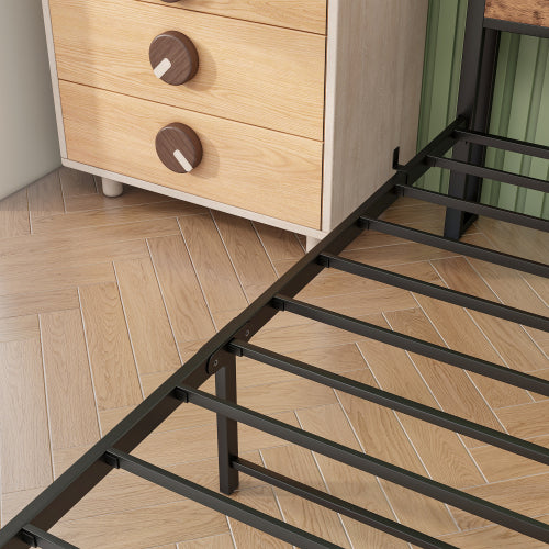 Twin Size Bed Frame with Storage Headboard, Metal Platform Bed with Charging Station,  Bookcase Storage, Easy Assembly