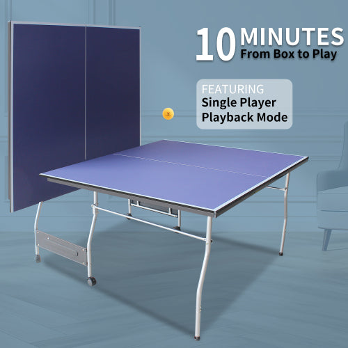 8ft Mid-Size Table Tennis Table Foldable & Portable Ping Pong Table Set for Indoor Games with Net, 2 Table Tennis Paddles and 3 Balls