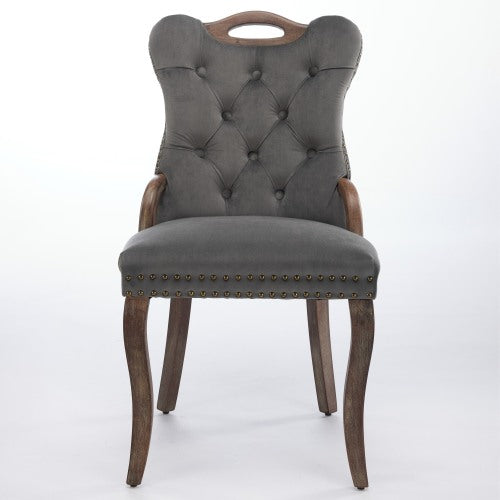 Set of 2 Gray Hand Tufted Velvet Dining Chairs, Solid Wood Handles Vintage Copper Nail Curved Wood Legs
